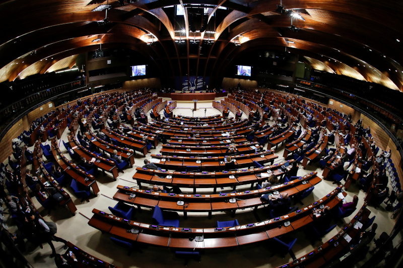 Ukrainian Prime Minister Denys Shmyhal addresses the Parliamentary Assembly of the Council of Europe via videolink, in an extraordinary session to discuss Russia's invasion of Ukraine, in Strasbourg, France March 14, 2022. REUTERS/Arnd Wiegmann